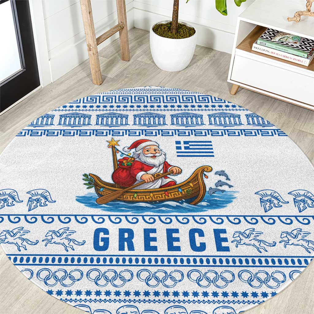 Greece Christmas Round Carpet with Santa Rowing Boat Greek Flag Laurel Wreath Parthenon and Blue White Pattern Design - Wonder Print Shop