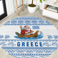 Greece Christmas Round Carpet with Santa Rowing Boat Greek Flag Laurel Wreath Parthenon and Blue White Pattern Design - Wonder Print Shop