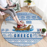 Greece Christmas Round Carpet with Santa Rowing Boat Greek Flag Laurel Wreath Parthenon and Blue White Pattern Design - Wonder Print Shop