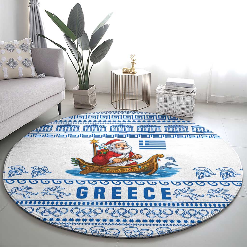 Greece Christmas Round Carpet with Santa Rowing Boat Greek Flag Laurel Wreath Parthenon and Blue White Pattern Design - Wonder Print Shop