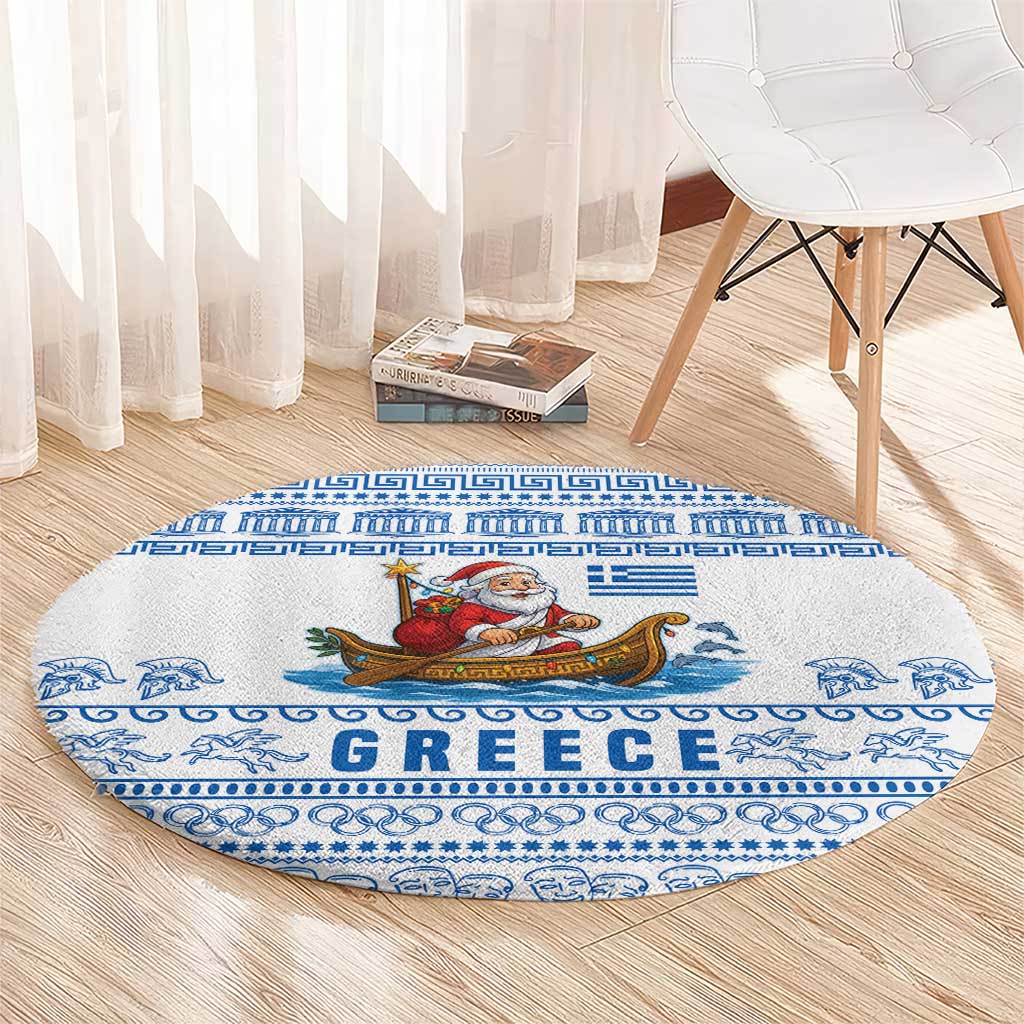 Greece Christmas Round Carpet with Santa Rowing Boat Greek Flag Laurel Wreath Parthenon and Blue White Pattern Design - Wonder Print Shop