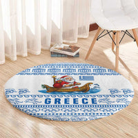 Greece Christmas Round Carpet with Santa Rowing Boat Greek Flag Laurel Wreath Parthenon and Blue White Pattern Design - Wonder Print Shop