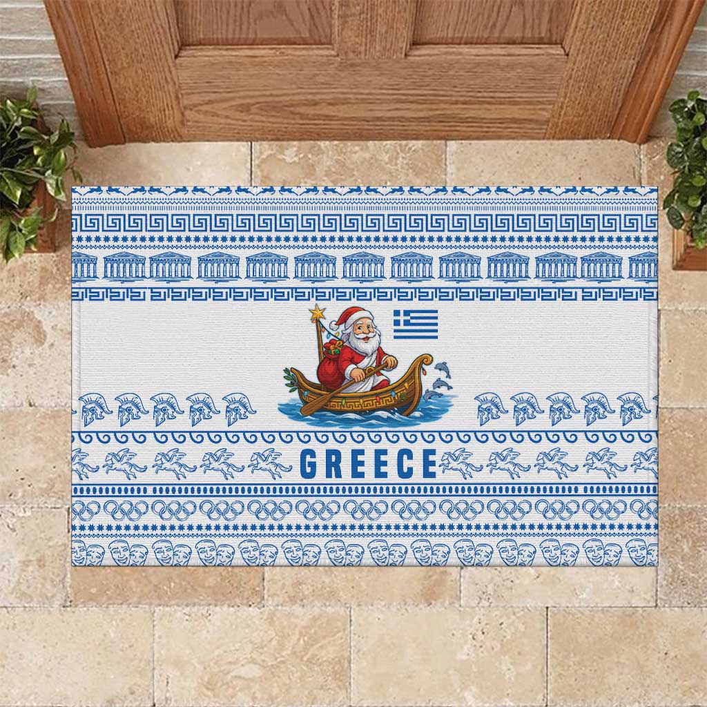 Greece Christmas Rubber Doormat with Santa Rowing Boat Greek Flag Laurel Wreath Parthenon and Blue White Pattern Design - Wonder Print Shop