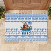 Greece Christmas Rubber Doormat with Santa Rowing Boat Greek Flag Laurel Wreath Parthenon and Blue White Pattern Design - Wonder Print Shop