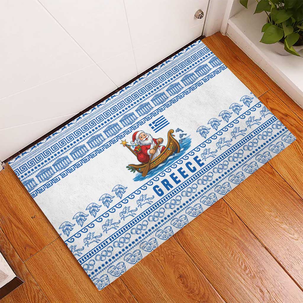 Greece Christmas Rubber Doormat with Santa Rowing Boat Greek Flag Laurel Wreath Parthenon and Blue White Pattern Design - Wonder Print Shop
