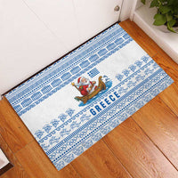 Greece Christmas Rubber Doormat with Santa Rowing Boat Greek Flag Laurel Wreath Parthenon and Blue White Pattern Design - Wonder Print Shop