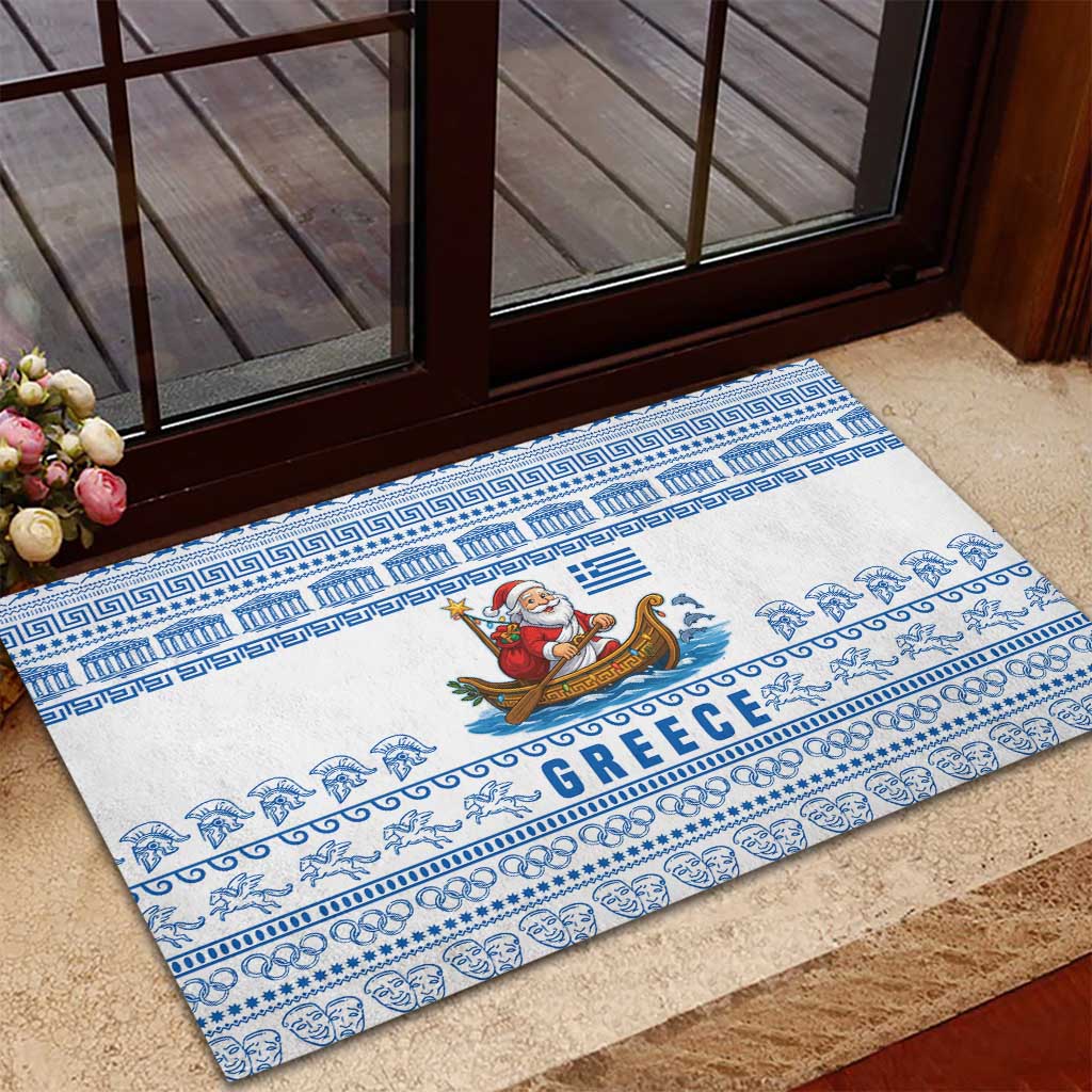 Greece Christmas Rubber Doormat with Santa Rowing Boat Greek Flag Laurel Wreath Parthenon and Blue White Pattern Design - Wonder Print Shop