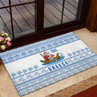 Greece Christmas Rubber Doormat with Santa Rowing Boat Greek Flag Laurel Wreath Parthenon and Blue White Pattern Design - Wonder Print Shop