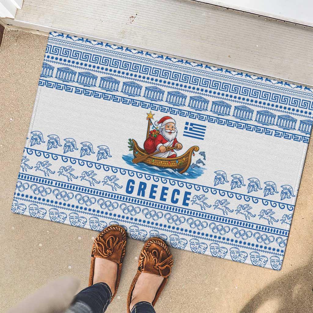 Greece Christmas Rubber Doormat with Santa Rowing Boat Greek Flag Laurel Wreath Parthenon and Blue White Pattern Design - Wonder Print Shop