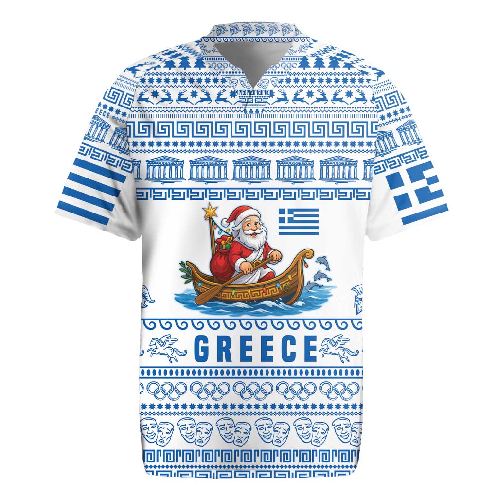 Greece Christmas Rugby Jersey with Santa Rowing Boat Greek Flag Laurel Wreath Parthenon and Blue White Pattern Design - Wonder Print Shop