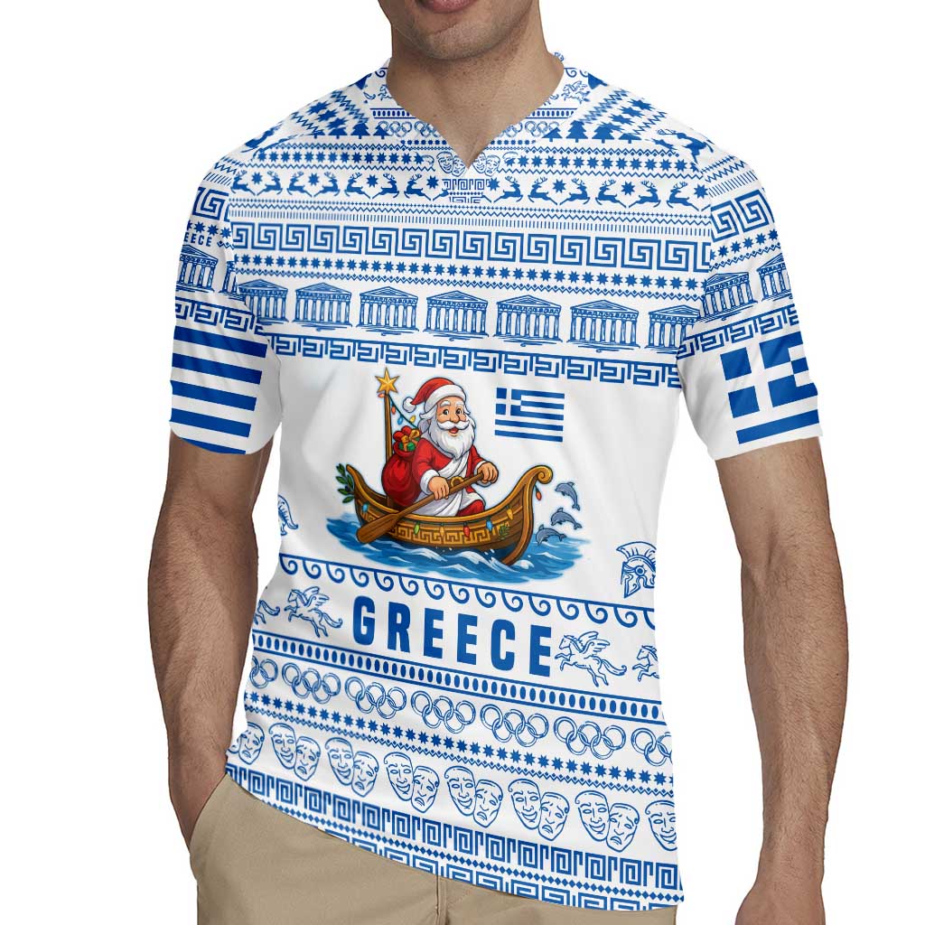 Greece Christmas Rugby Jersey with Santa Rowing Boat Greek Flag Laurel Wreath Parthenon and Blue White Pattern Design - Wonder Print Shop
