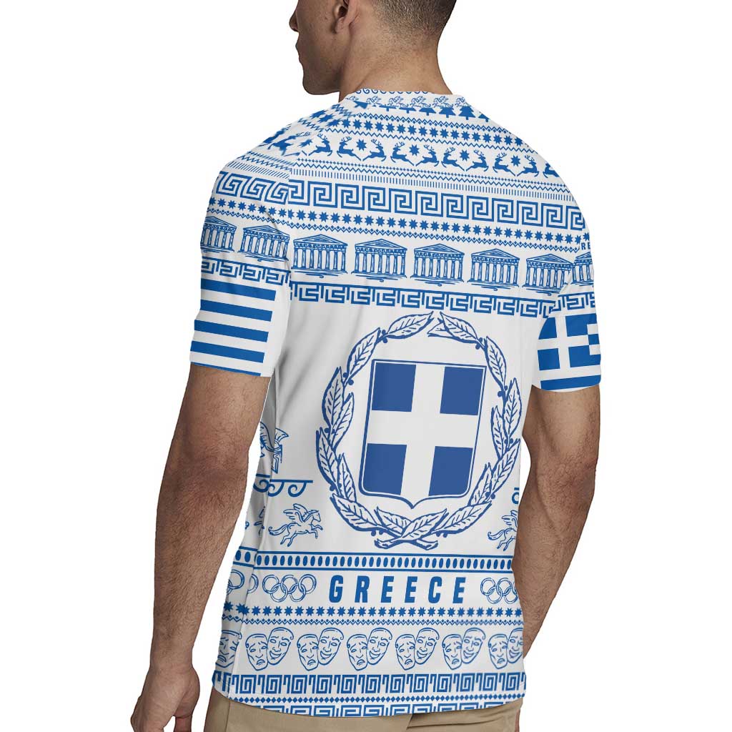 Greece Christmas Rugby Jersey with Santa Rowing Boat Greek Flag Laurel Wreath Parthenon and Blue White Pattern Design - Wonder Print Shop