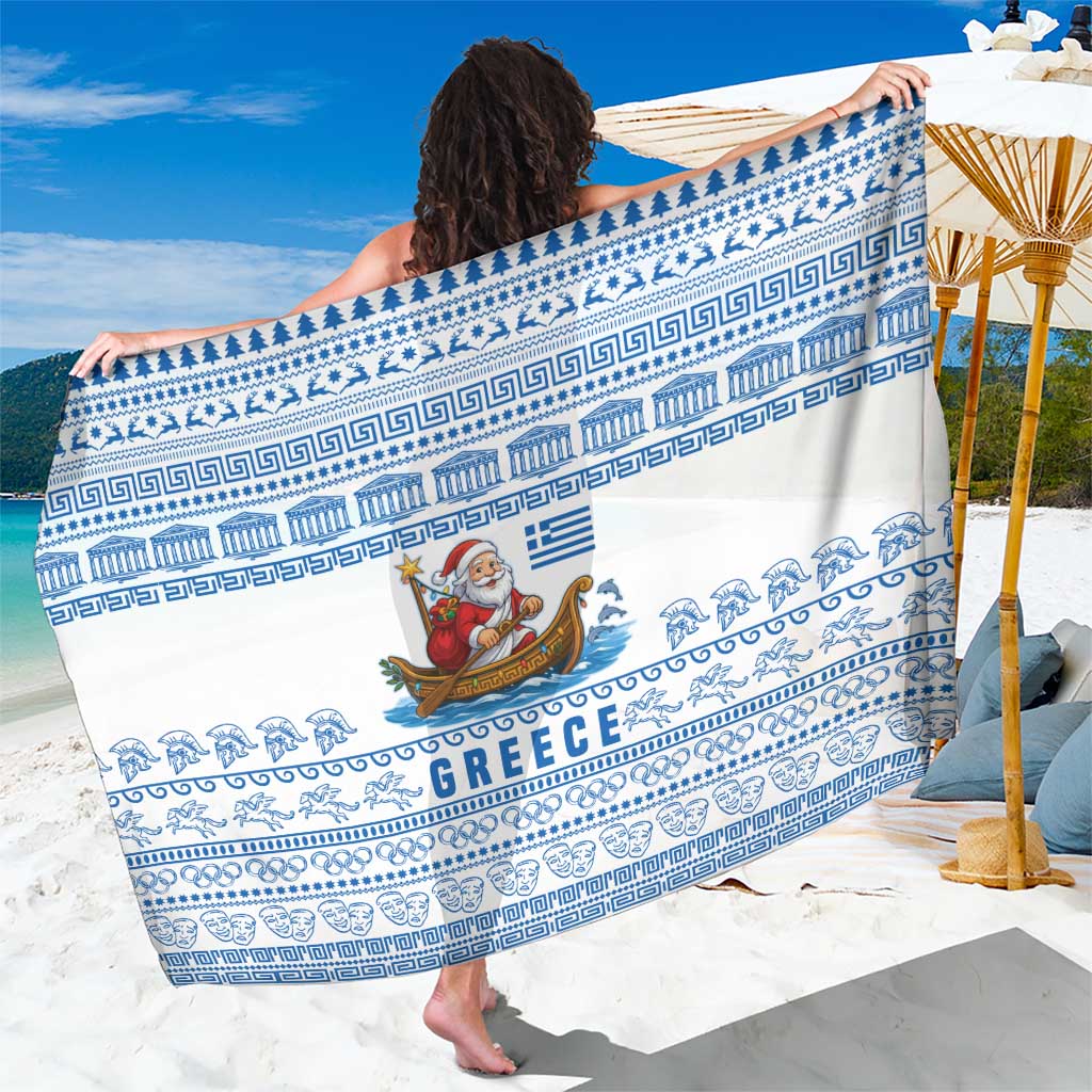 Greece Christmas Sarong with Santa Rowing Boat Greek Flag Laurel Wreath Parthenon and Blue White Pattern Design - Wonder Print Shop