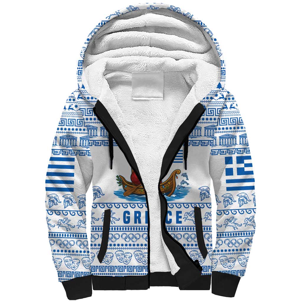 Greece Christmas Sherpa Hoodie with Santa Rowing Boat Greek Flag Laurel Wreath Parthenon and Blue White Pattern Design - Wonder Print Shop
