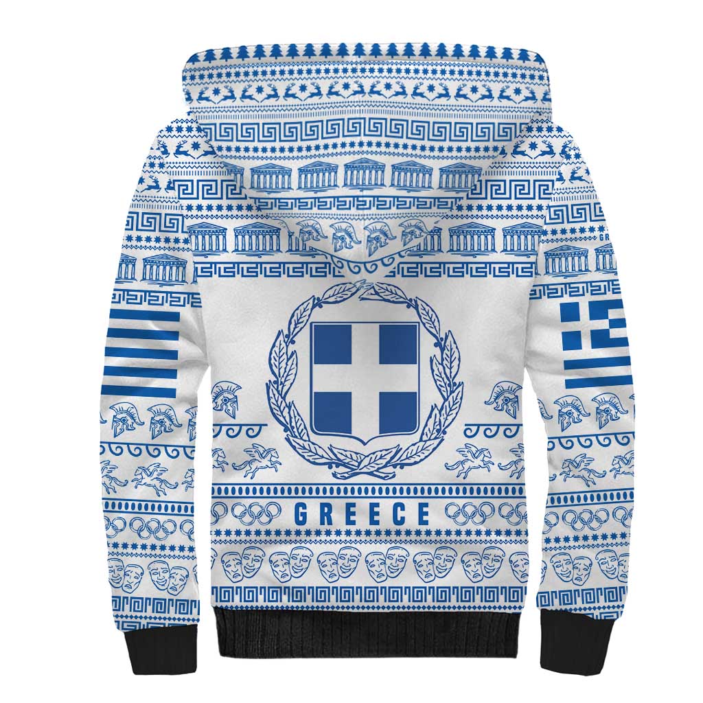 Greece Christmas Sherpa Hoodie with Santa Rowing Boat Greek Flag Laurel Wreath Parthenon and Blue White Pattern Design - Wonder Print Shop