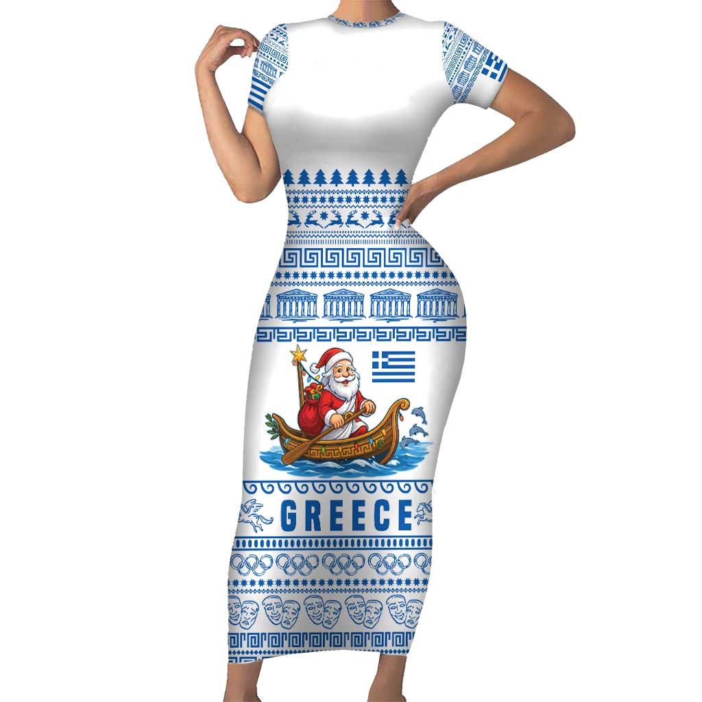 Greece Christmas Short Sleeve Bodycon Dress with Santa Rowing Boat Greek Flag Laurel Wreath Parthenon and Blue White Pattern Design - Wonder Print Shop