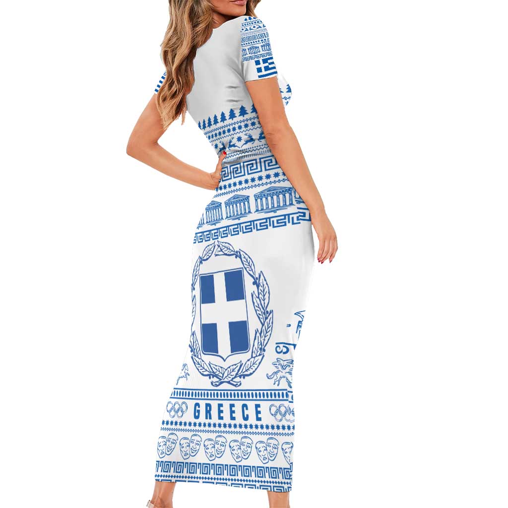 Greece Christmas Short Sleeve Bodycon Dress with Santa Rowing Boat Greek Flag Laurel Wreath Parthenon and Blue White Pattern Design - Wonder Print Shop