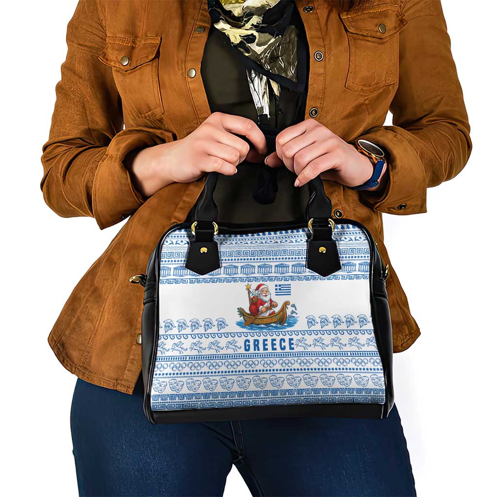 Greece Christmas Shoulder Handbag with Santa Rowing Boat Greek Flag Laurel Wreath Parthenon and Blue White Pattern Design - Wonder Print Shop