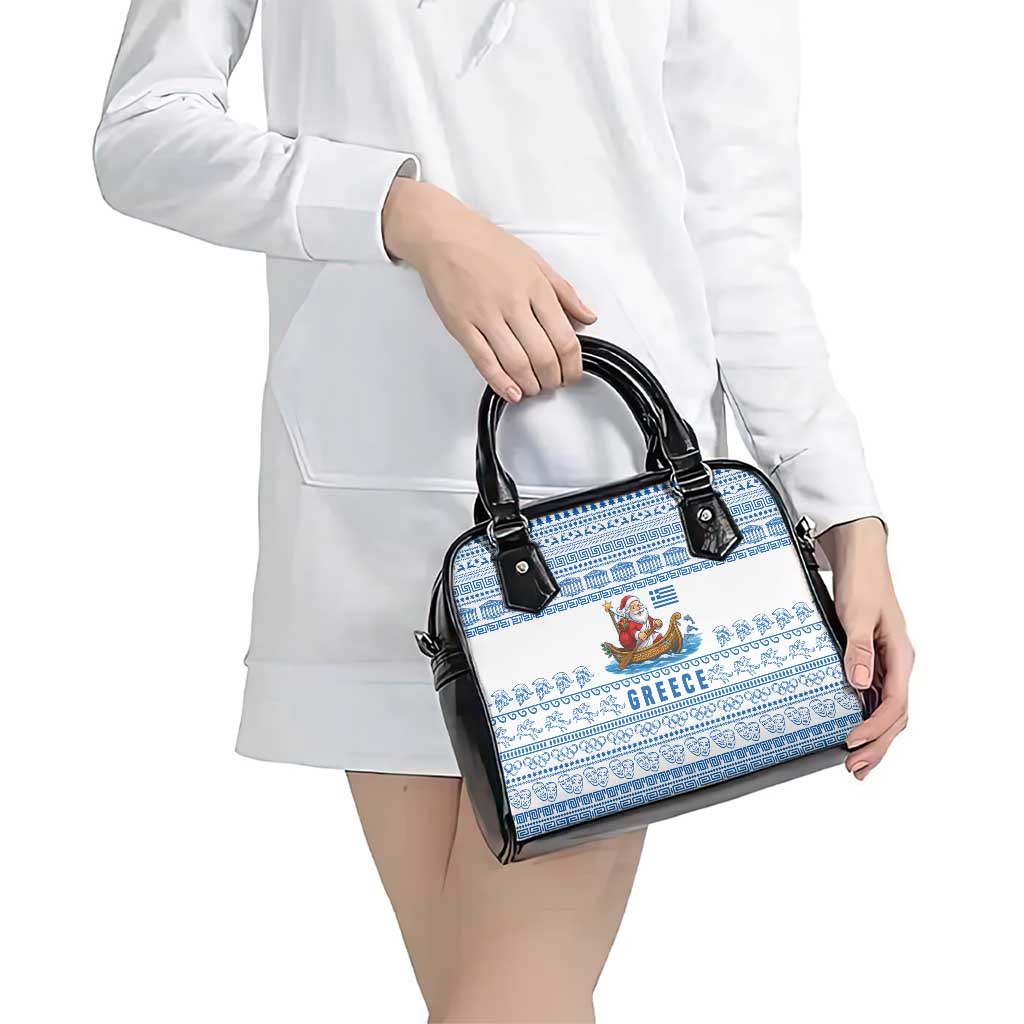 Greece Christmas Shoulder Handbag with Santa Rowing Boat Greek Flag Laurel Wreath Parthenon and Blue White Pattern Design - Wonder Print Shop