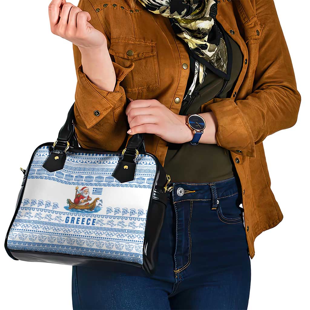 Greece Christmas Shoulder Handbag with Santa Rowing Boat Greek Flag Laurel Wreath Parthenon and Blue White Pattern Design - Wonder Print Shop