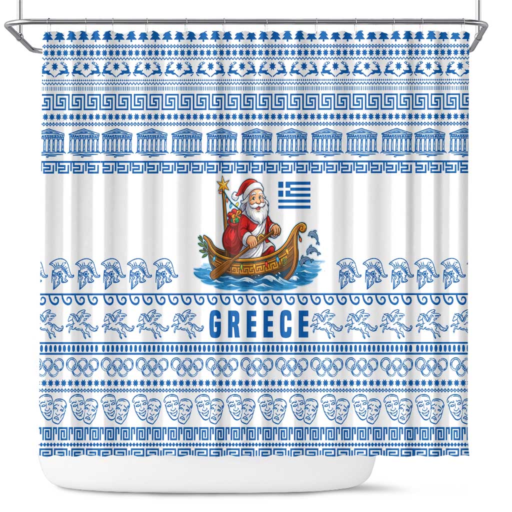 Greece Christmas Shower Curtain with Santa Rowing Boat Greek Flag Laurel Wreath Parthenon and Blue White Pattern Design - Wonder Print Shop