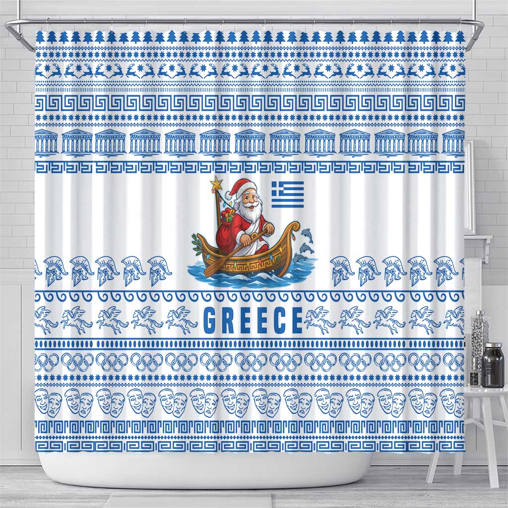 Greece Christmas Shower Curtain with Santa Rowing Boat Greek Flag Laurel Wreath Parthenon and Blue White Pattern Design - Wonder Print Shop
