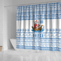 Greece Christmas Shower Curtain with Santa Rowing Boat Greek Flag Laurel Wreath Parthenon and Blue White Pattern Design - Wonder Print Shop