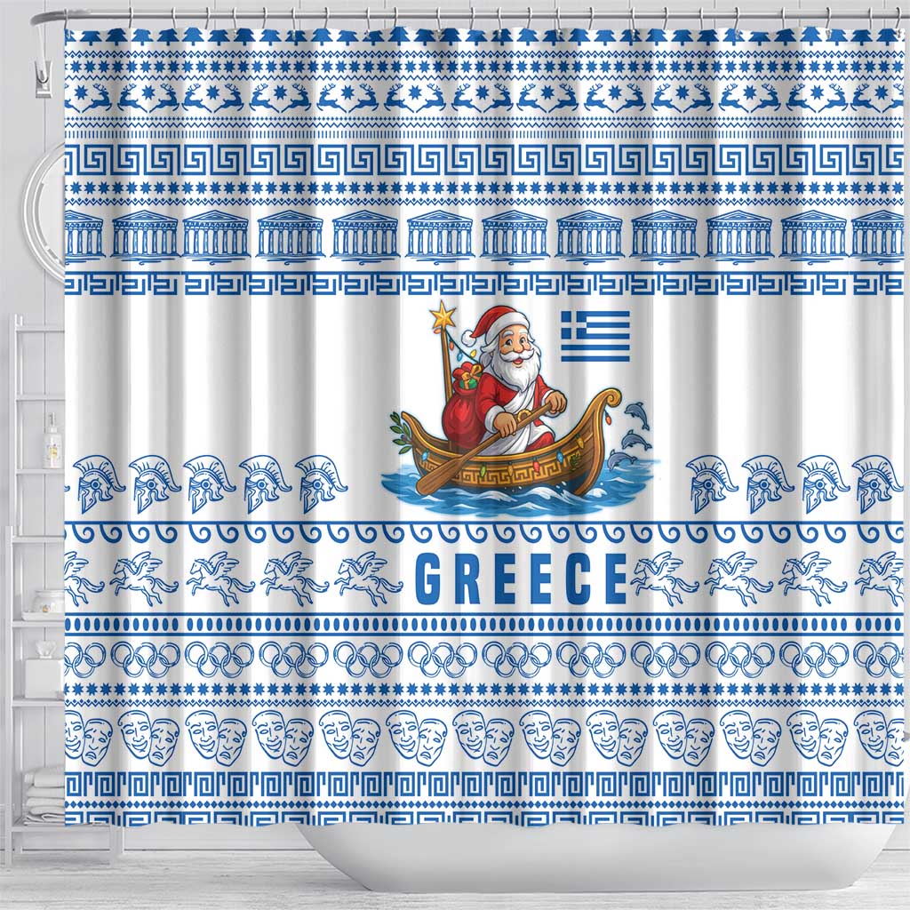 Greece Christmas Shower Curtain with Santa Rowing Boat Greek Flag Laurel Wreath Parthenon and Blue White Pattern Design - Wonder Print Shop