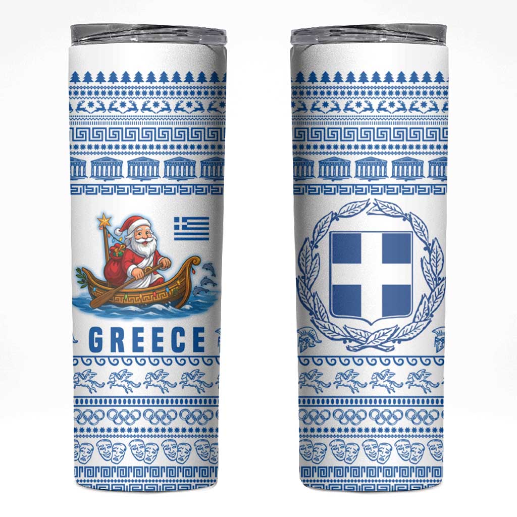 Greece Christmas Skinny Tumbler with Santa Rowing Boat Greek Flag Laurel Wreath Parthenon and Blue White Pattern Design - Wonder Print Shop