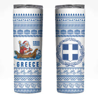 Greece Christmas Skinny Tumbler with Santa Rowing Boat Greek Flag Laurel Wreath Parthenon and Blue White Pattern Design - Wonder Print Shop