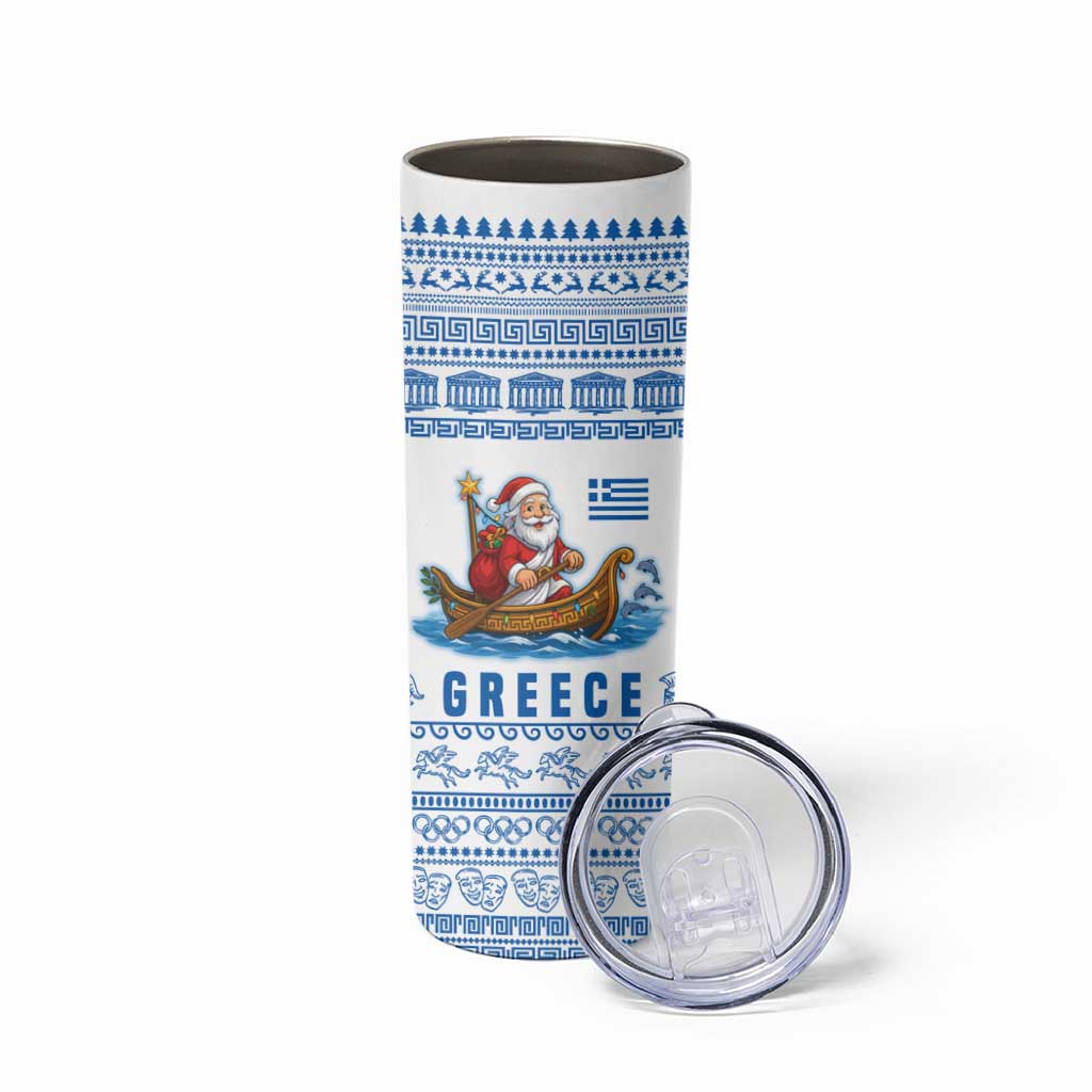 Greece Christmas Skinny Tumbler with Santa Rowing Boat Greek Flag Laurel Wreath Parthenon and Blue White Pattern Design - Wonder Print Shop