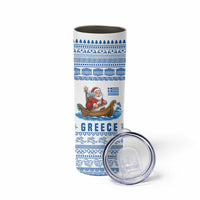 Greece Christmas Skinny Tumbler with Santa Rowing Boat Greek Flag Laurel Wreath Parthenon and Blue White Pattern Design - Wonder Print Shop