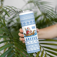Greece Christmas Skinny Tumbler with Santa Rowing Boat Greek Flag Laurel Wreath Parthenon and Blue White Pattern Design - Wonder Print Shop