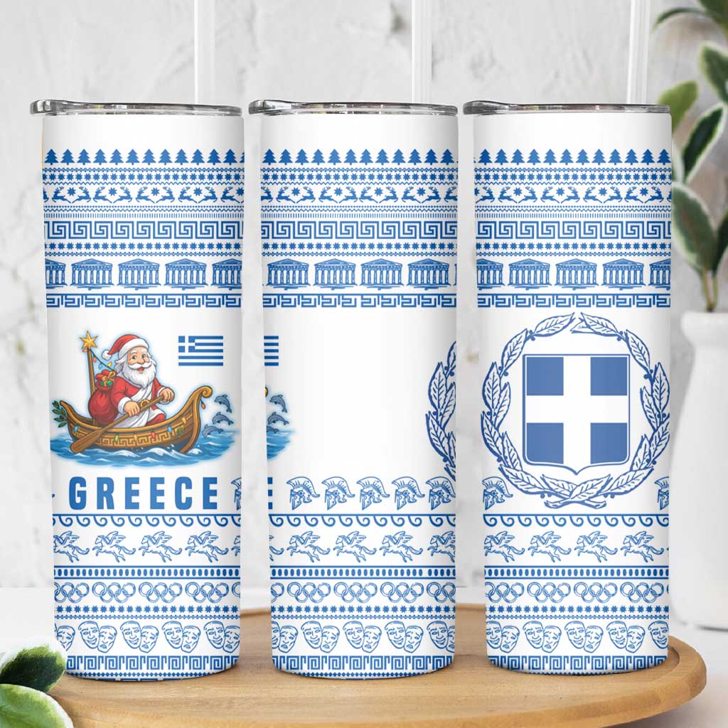Greece Christmas Skinny Tumbler with Santa Rowing Boat Greek Flag Laurel Wreath Parthenon and Blue White Pattern Design - Wonder Print Shop