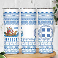 Greece Christmas Skinny Tumbler with Santa Rowing Boat Greek Flag Laurel Wreath Parthenon and Blue White Pattern Design - Wonder Print Shop