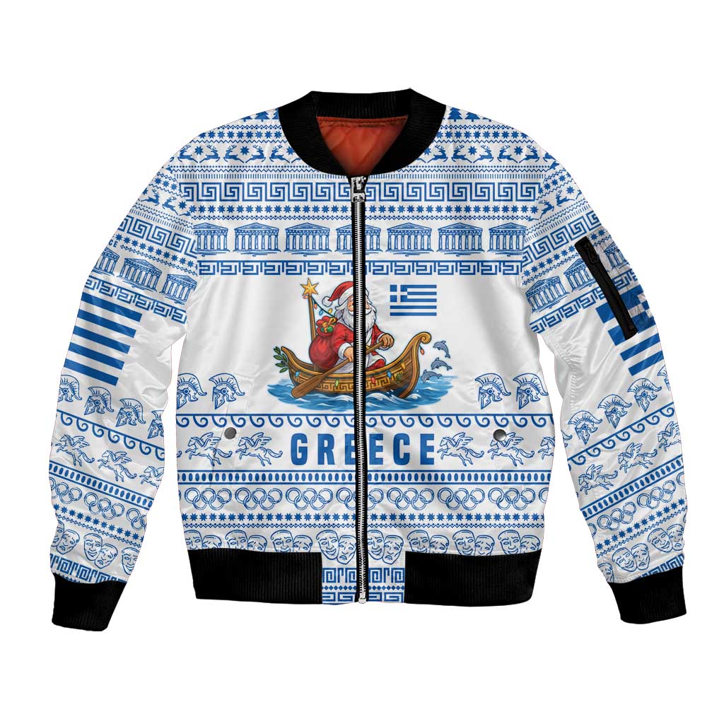 Greece Christmas Sleeve Zip Bomber Jacket with Santa Rowing Boat Greek Flag Laurel Wreath Parthenon and Blue White Pattern Design - Wonder Print Shop