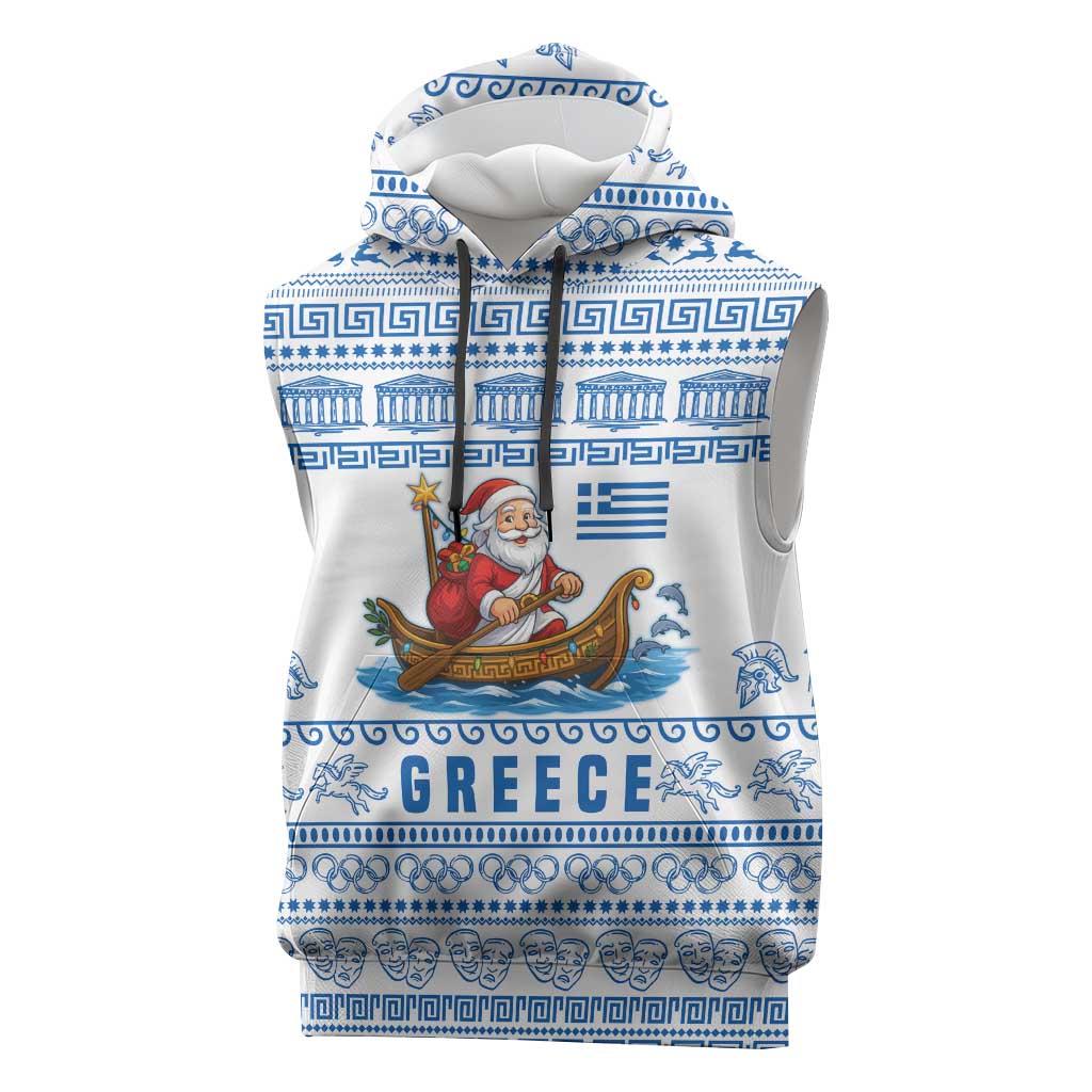 Greece Christmas Sleeveless Hoodie with Santa Rowing Boat Greek Flag Laurel Wreath Parthenon and Blue White Pattern Design - Wonder Print Shop