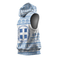 Greece Christmas Sleeveless Hoodie with Santa Rowing Boat Greek Flag Laurel Wreath Parthenon and Blue White Pattern Design - Wonder Print Shop