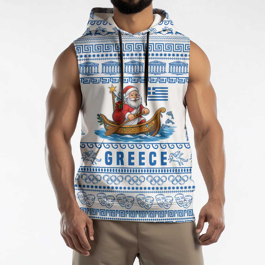 Greece Christmas Sleeveless Hoodie with Santa Rowing Boat Greek Flag Laurel Wreath Parthenon and Blue White Pattern Design - Wonder Print Shop