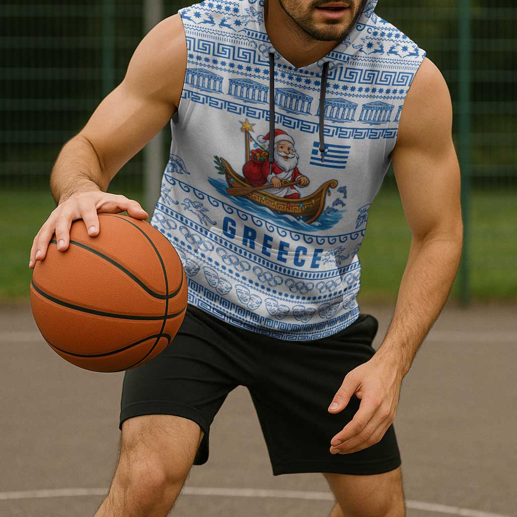 Greece Christmas Sleeveless Hoodie with Santa Rowing Boat Greek Flag Laurel Wreath Parthenon and Blue White Pattern Design - Wonder Print Shop