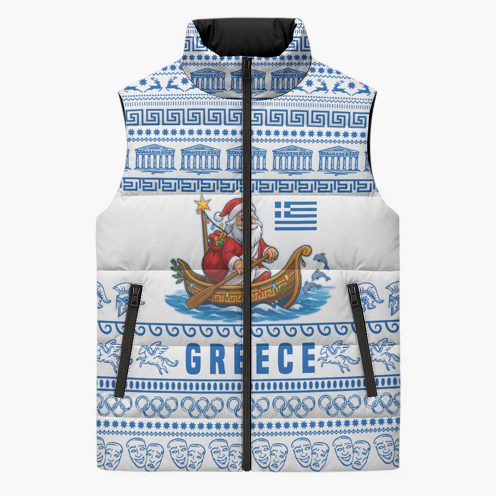 Greece Christmas Sleeveless Puffer Jacket with Santa Rowing Boat Greek Flag Laurel Wreath Parthenon and Blue White Pattern Design - Wonder Print Shop