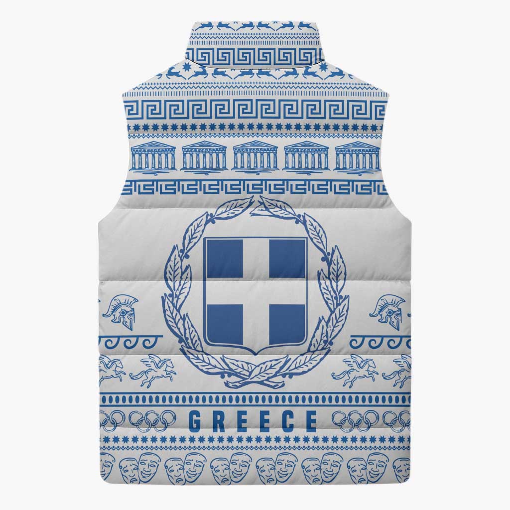 Greece Christmas Sleeveless Puffer Jacket with Santa Rowing Boat Greek Flag Laurel Wreath Parthenon and Blue White Pattern Design - Wonder Print Shop