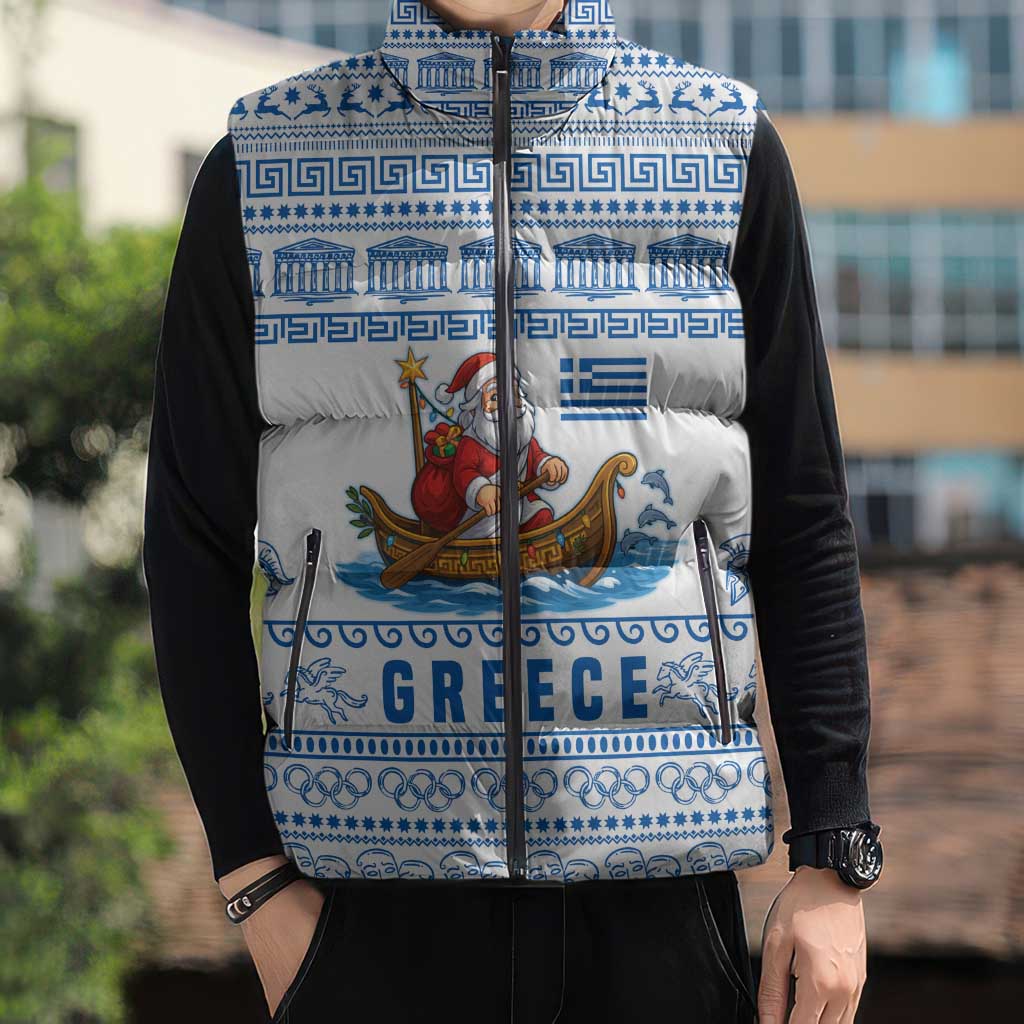 Greece Christmas Sleeveless Puffer Jacket with Santa Rowing Boat Greek Flag Laurel Wreath Parthenon and Blue White Pattern Design - Wonder Print Shop