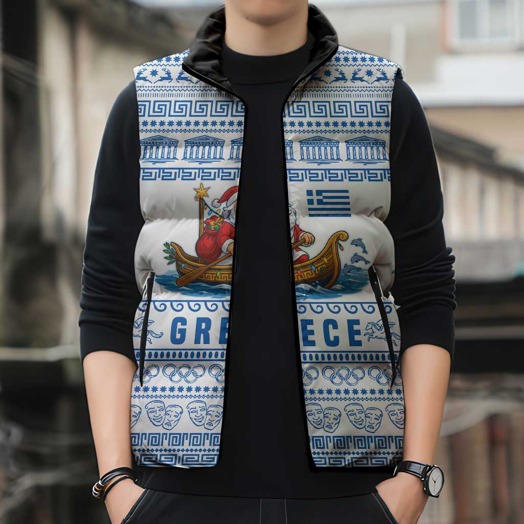 Greece Christmas Sleeveless Puffer Jacket with Santa Rowing Boat Greek Flag Laurel Wreath Parthenon and Blue White Pattern Design - Wonder Print Shop