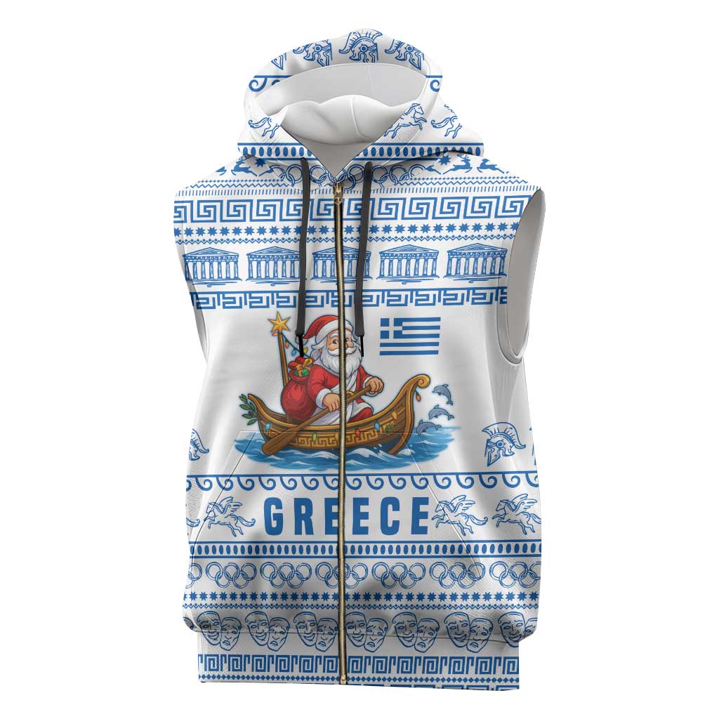 Greece Christmas Sleeveless Zip Hoodie with Santa Rowing Boat Greek Flag Laurel Wreath Parthenon and Blue White Pattern Design - Wonder Print Shop