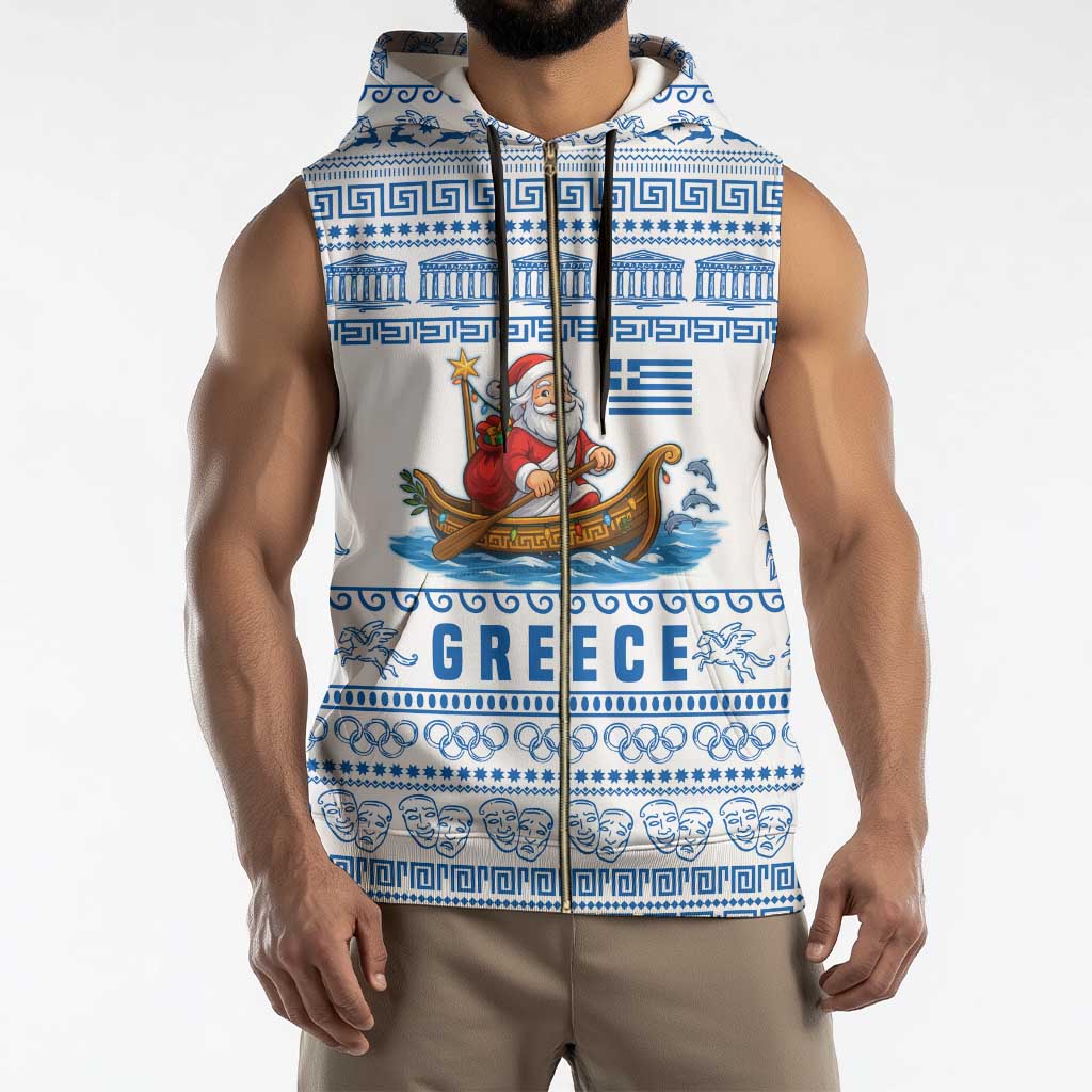 Greece Christmas Sleeveless Zip Hoodie with Santa Rowing Boat Greek Flag Laurel Wreath Parthenon and Blue White Pattern Design - Wonder Print Shop
