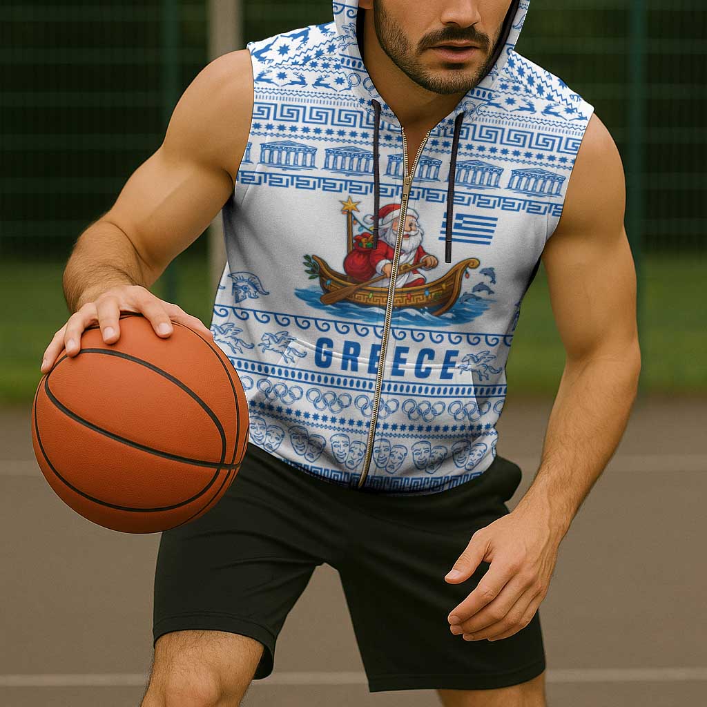 Greece Christmas Sleeveless Zip Hoodie with Santa Rowing Boat Greek Flag Laurel Wreath Parthenon and Blue White Pattern Design - Wonder Print Shop