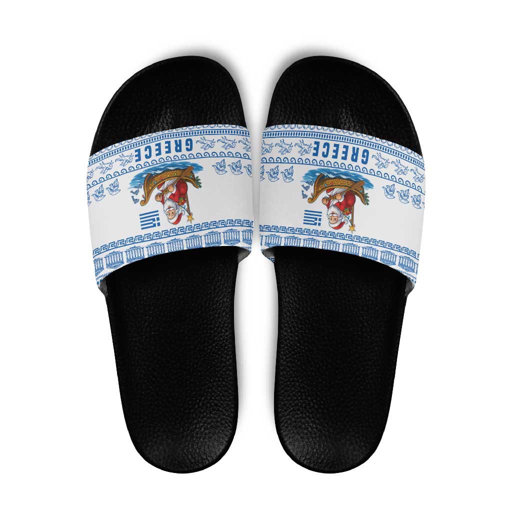 Greece Christmas Slide Sandals with Santa Rowing Boat Greek Flag Laurel Wreath Parthenon and Blue White Pattern Design - Wonder Print Shop