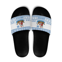 Greece Christmas Slide Sandals with Santa Rowing Boat Greek Flag Laurel Wreath Parthenon and Blue White Pattern Design - Wonder Print Shop