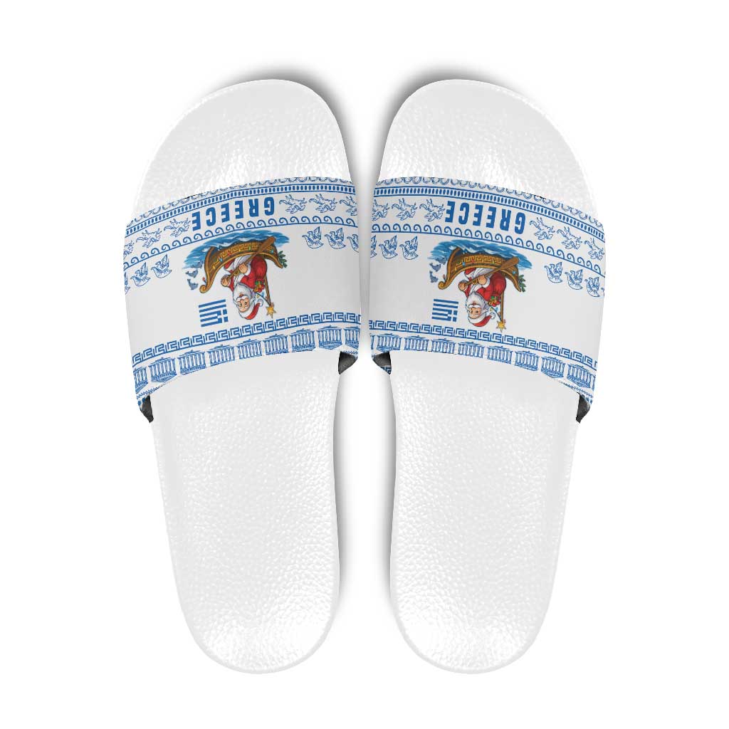 Greece Christmas Slide Sandals with Santa Rowing Boat Greek Flag Laurel Wreath Parthenon and Blue White Pattern Design - Wonder Print Shop